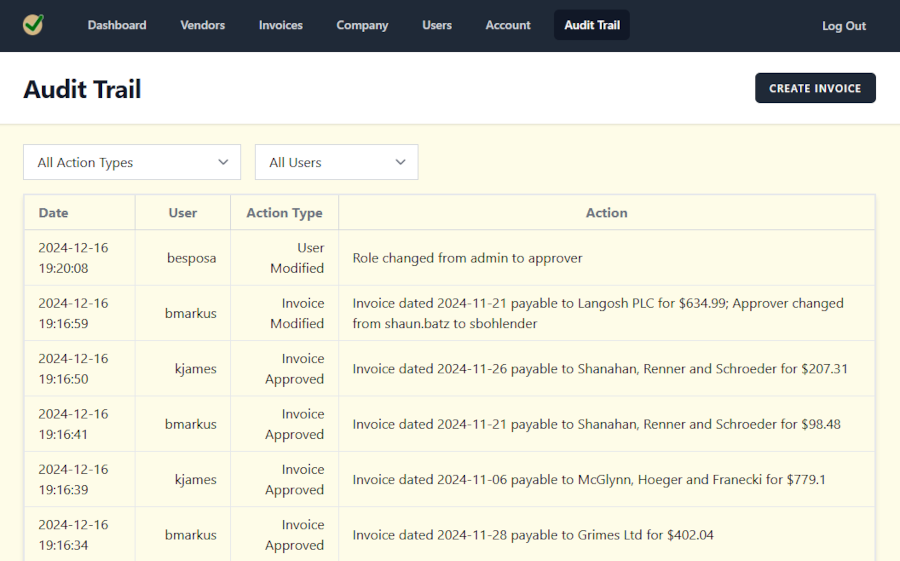 Record of all changes to invoices, vendors and users