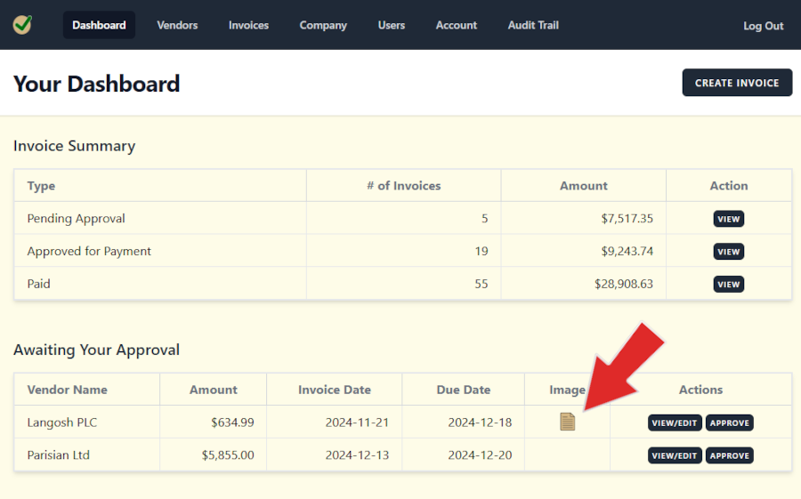 Summary of Invoices - pending approval, approved for payment and paid